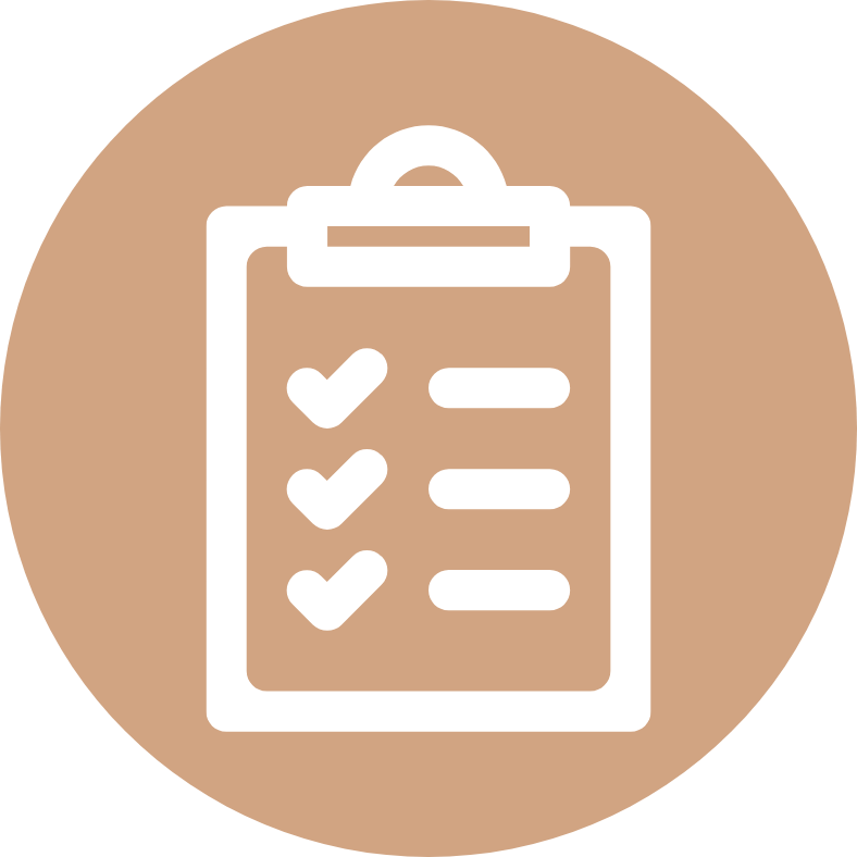A clipboard with a checklist on it in a brown circle.