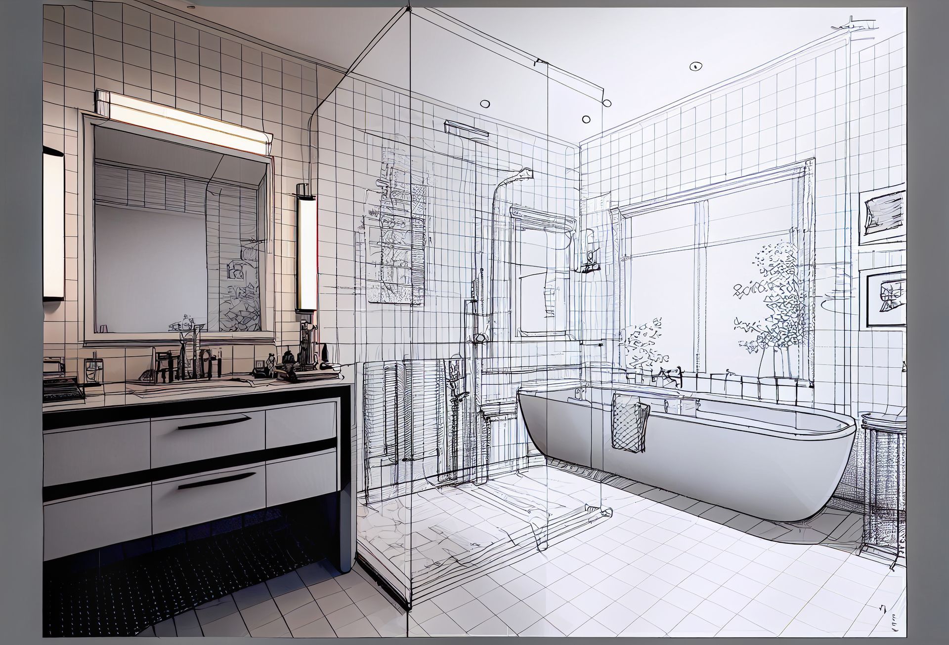 A black and white drawing of a bathroom with a bathtub