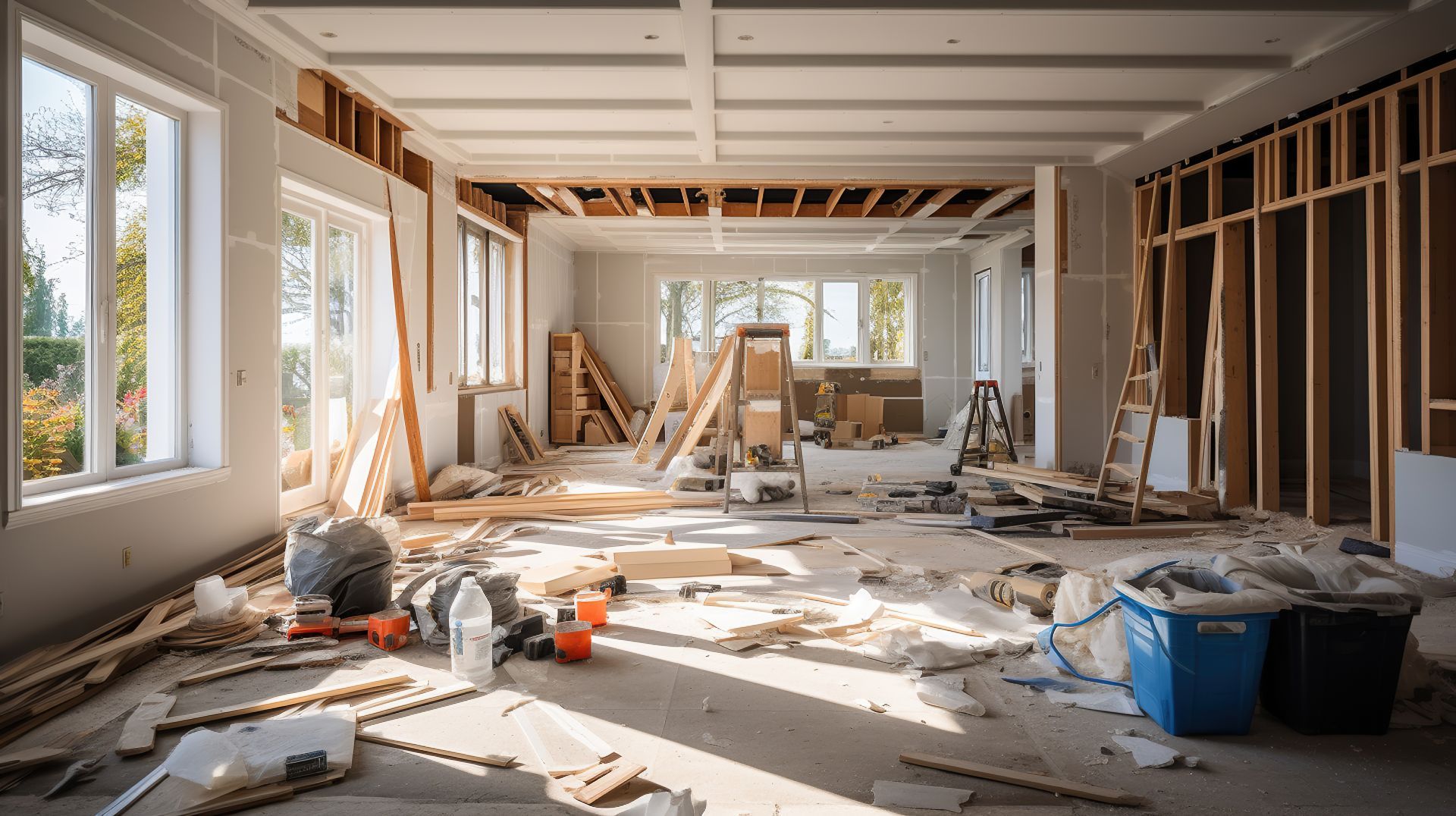 A large room is being remodeled in a house.