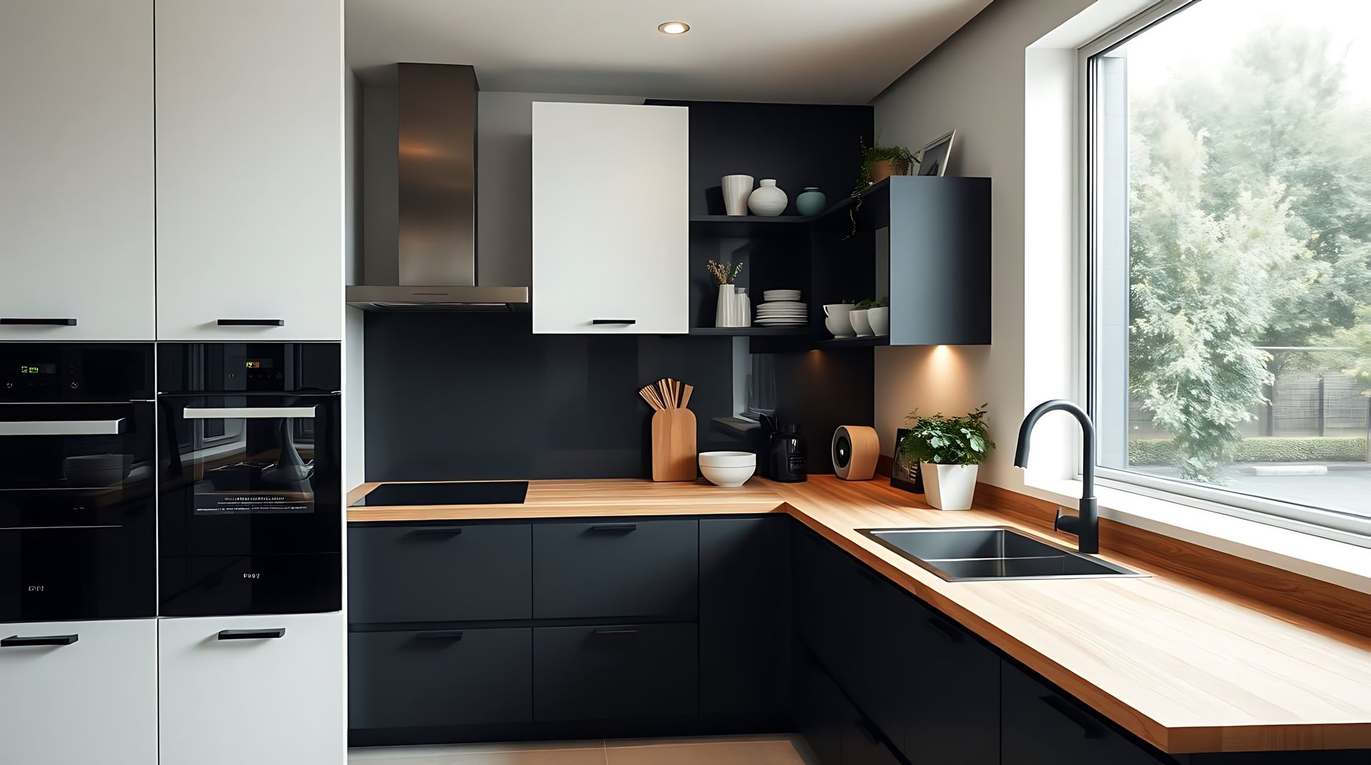 An L-shaped kitchen with a big window and black cabinets