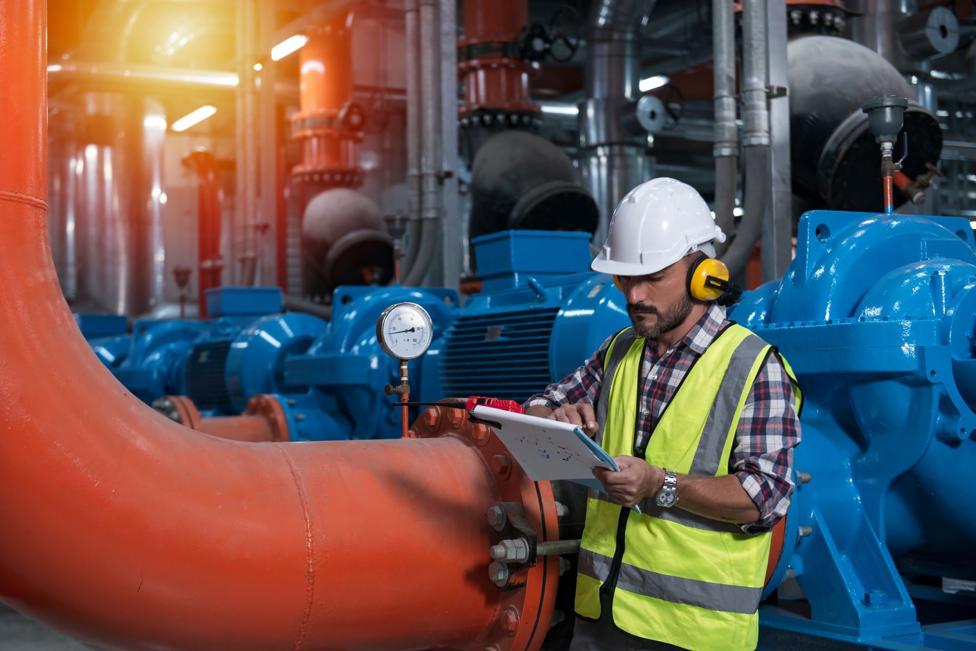 Mechanical engineer holding a clipboard checking a centrifugal pump in a plant room.