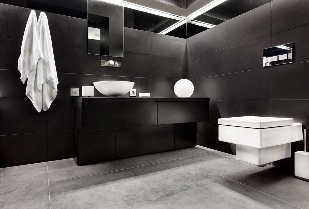 A Black And White Bathroom With A Sink And Toilet — South East Kitchens In Northern Rivers, NSW