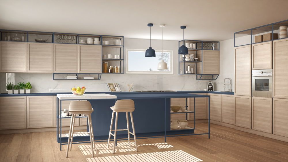 A Modern Kitchen With Wooden Cabinets And Stools — South East Kitchens In Burleigh Heads, QLD