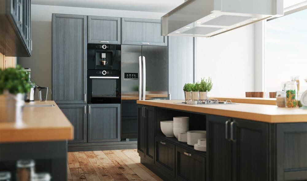 A Kitchen With Gray Cabinets And A Wooden Counter Top — South East Kitchens In Burleigh Heads, QLD