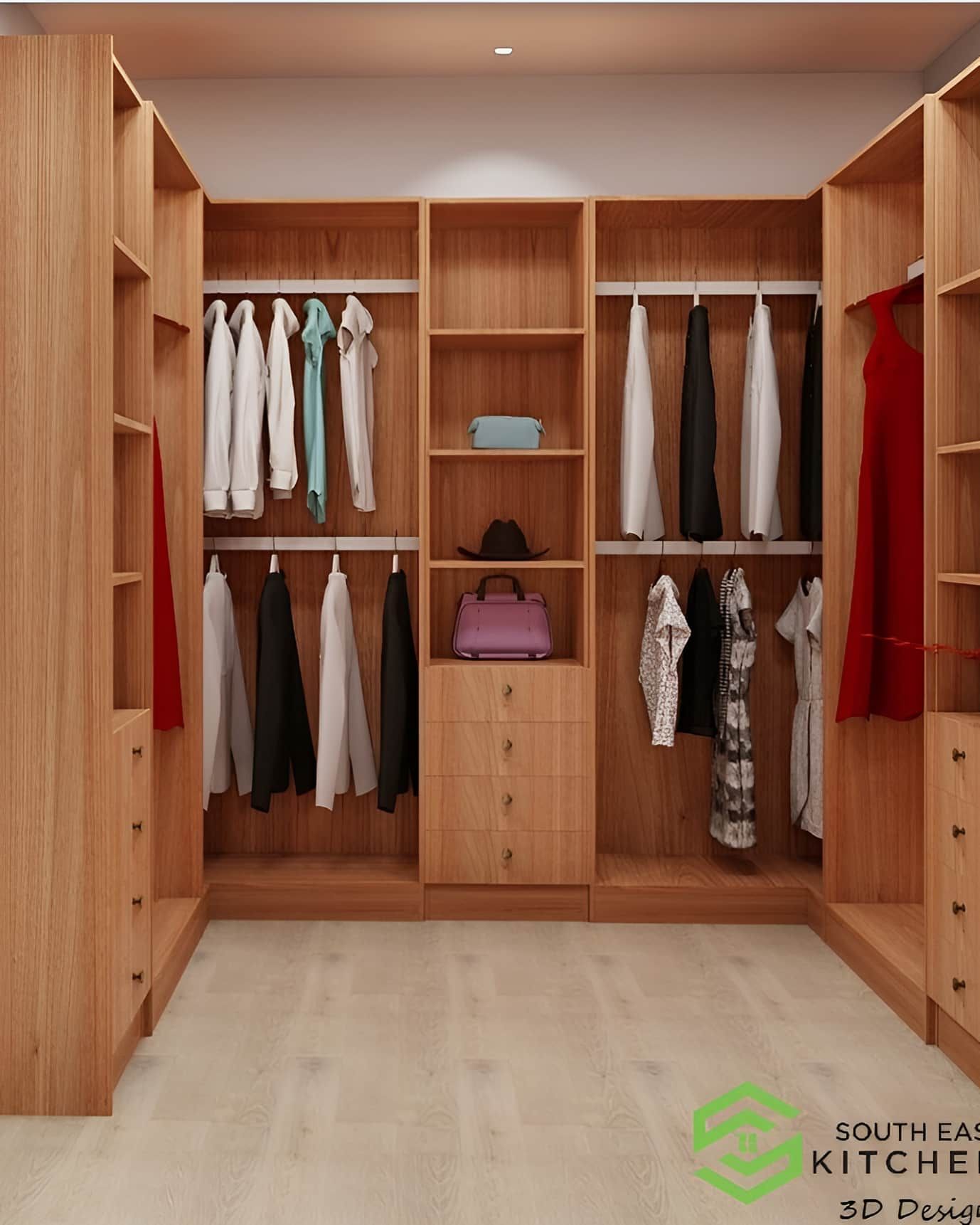 A Walk In Closet With Wooden Shelves And Drawers — South East Kitchens In Northern Rivers, NSW