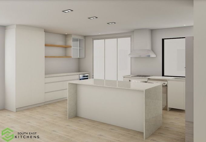An Artist's Impression Of A Kitchen With White Cabinets And A Large Island — South East Kitchens In Burleigh Heads, QLD
