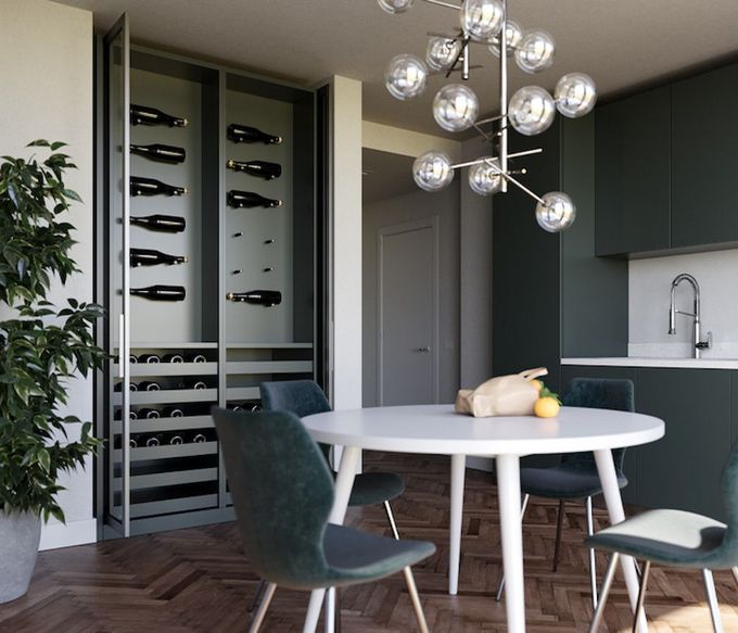A Dining Room With A Table And Chairs And A Wine Rack — South East Kitchens In Burleigh Heads, QLD