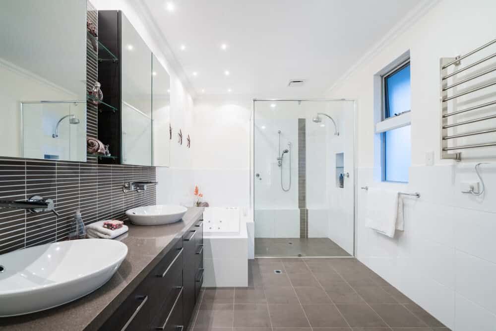 A Bathroom With Two Sinks And A Walk In Shower — South East Kitchens In Burleigh Heads, QLD