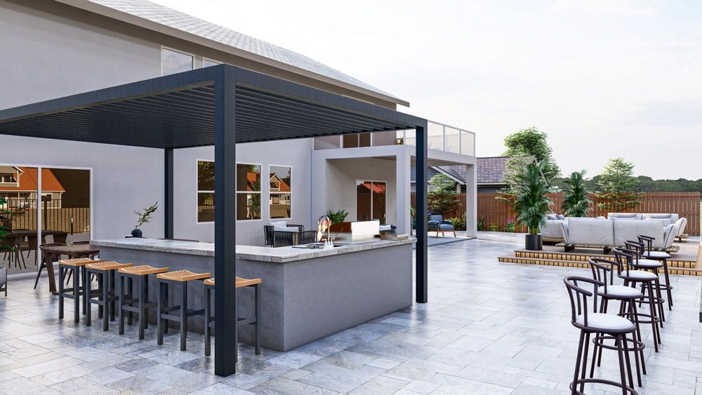 A Rendering Of A Patio With A Pergola, Tables And Chairs — South East Kitchens In Burleigh Heads, QLD