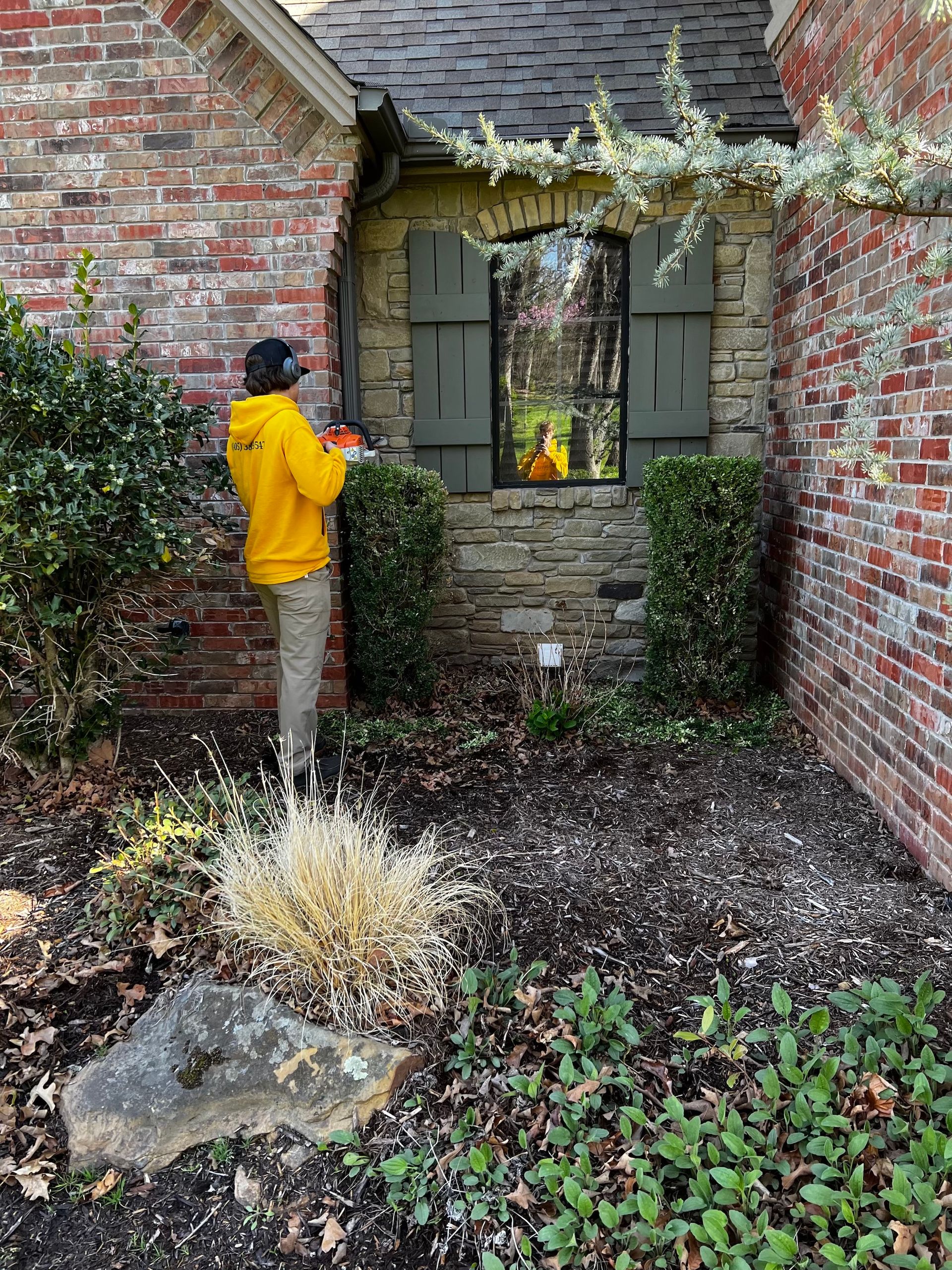 Gardener in yellow trimming bushes by a window with stone surround and brick wall.