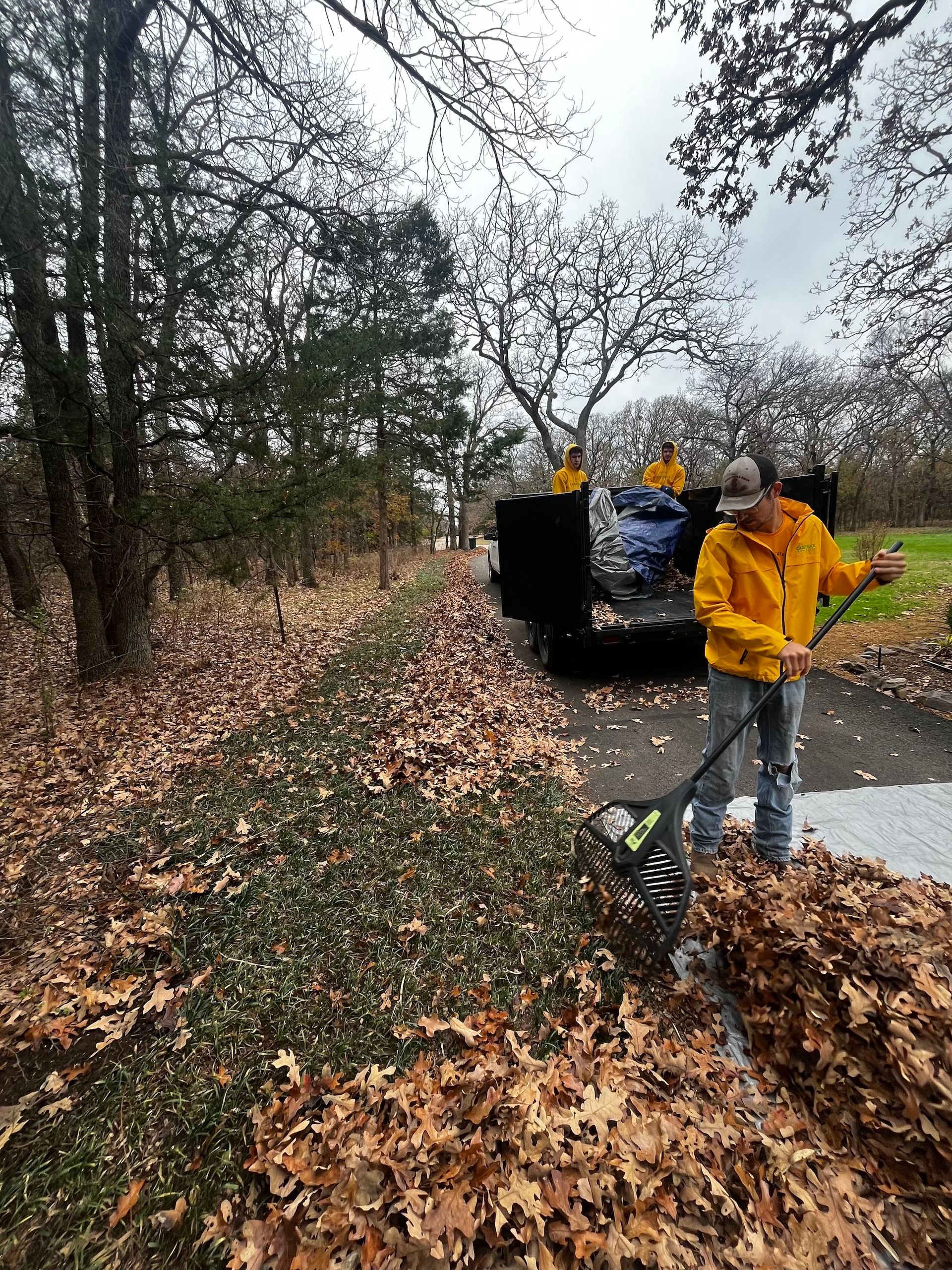 Man rakes leaves into a truck, two people stand in the truck, all wearing yellow coats. Trees line the road.