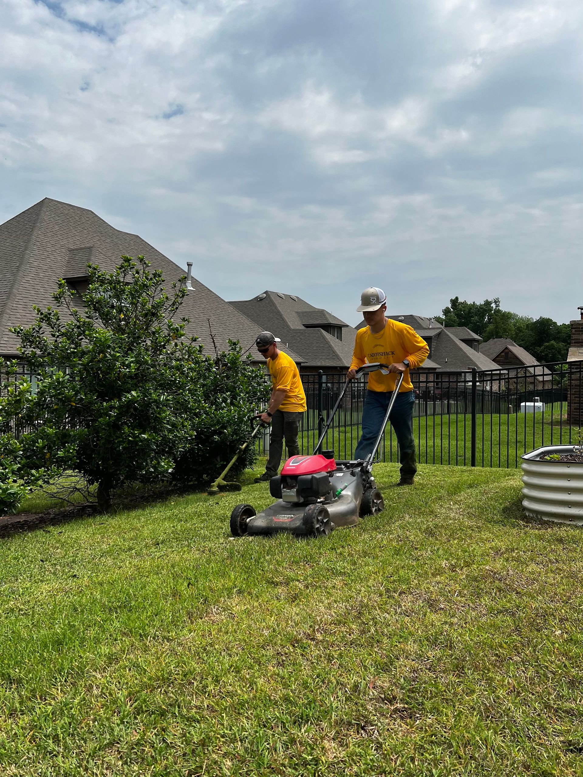 Two men mowing a lawn: one with a mower, the other using a trimmer. Houses and a fence in the background.