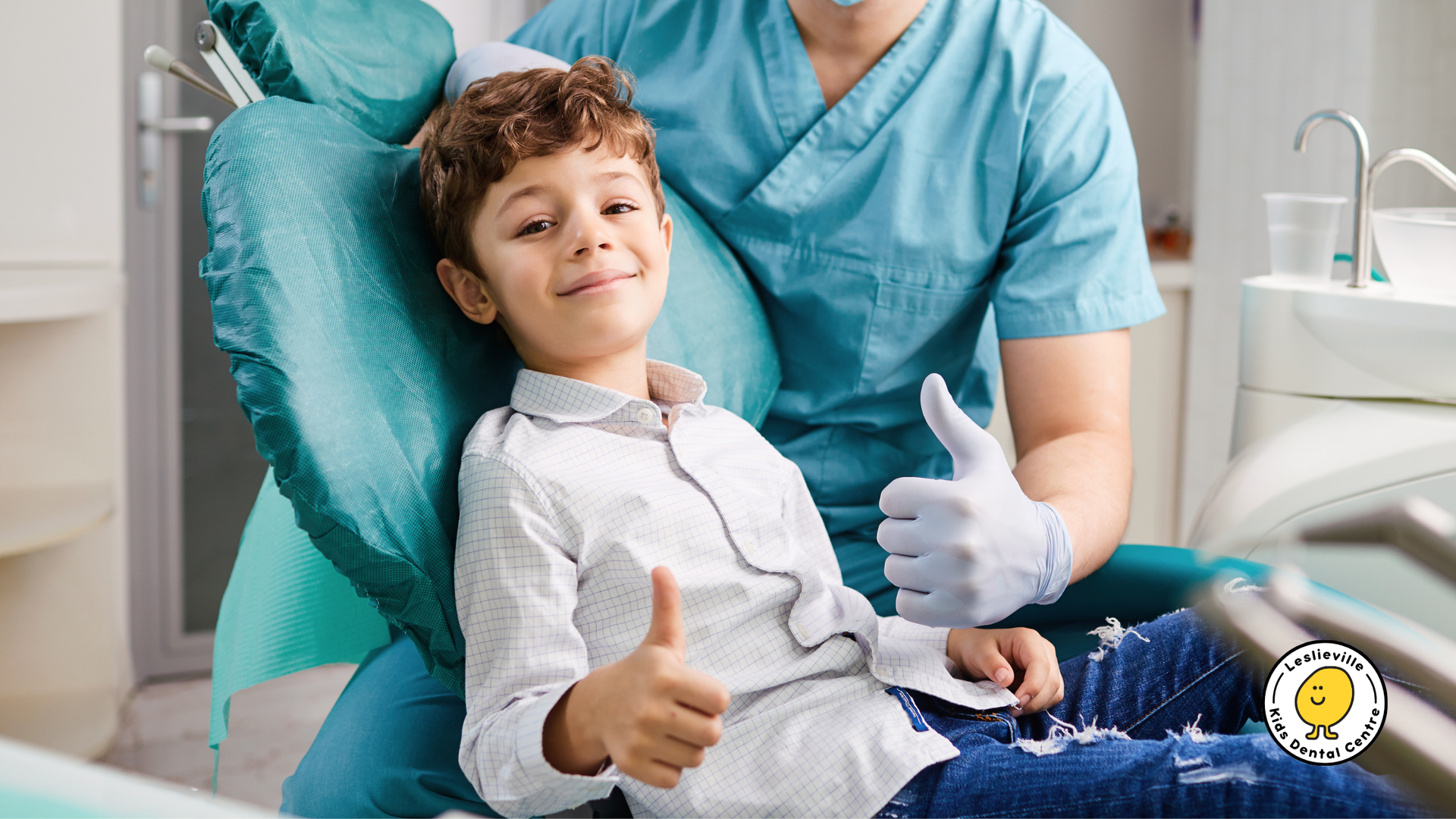Boy in a dentist chair giving a thumbs-up, dentist also giving a thumbs-up, dental office setting.
