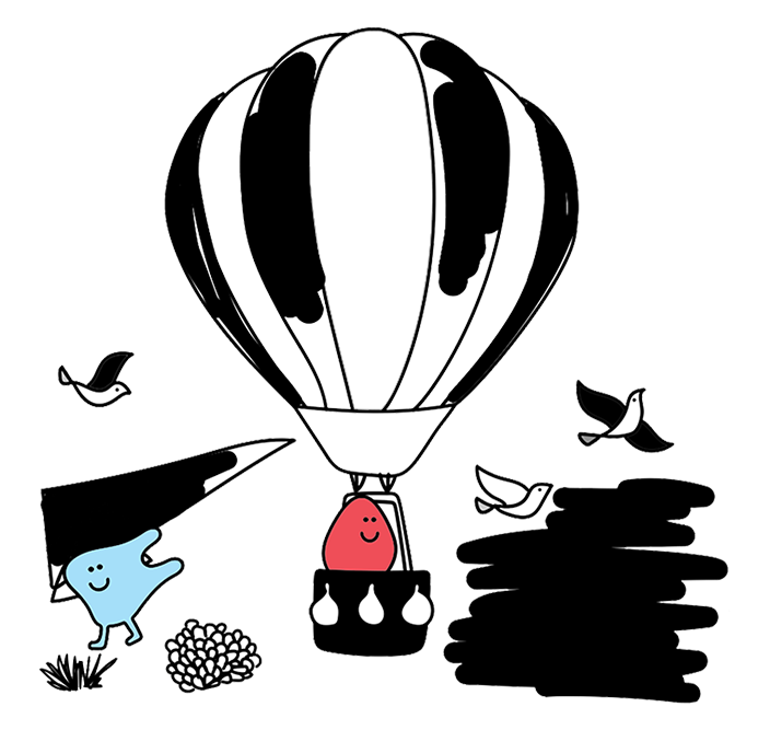 A black and white drawing of a hot air balloon with birds flying around it