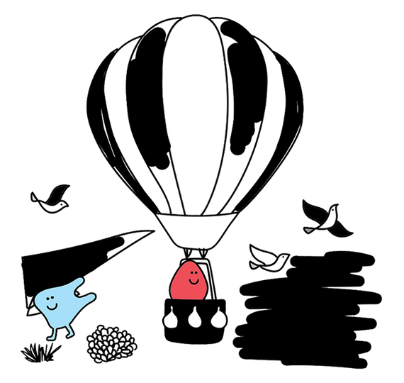 A black and white drawing of a hot air balloon with birds flying around it