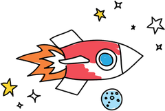 A cartoon drawing of a rocket flying through space surrounded by stars.