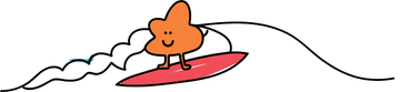 A cartoon character is riding a wave on a surfboard.