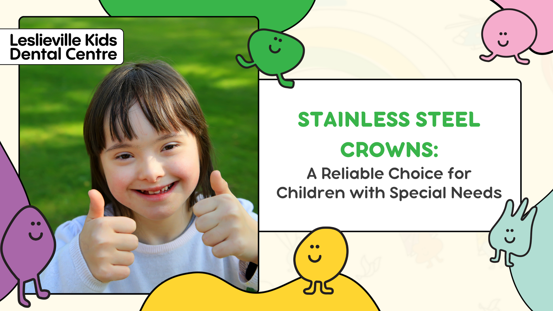 A smiling child with Down syndrome giving thumbs up. Text: