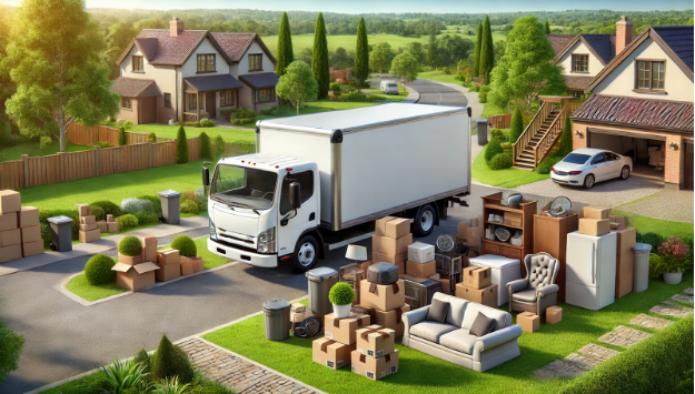 Moving truck unloading boxes and furniture in a suburban neighborhood driveway
