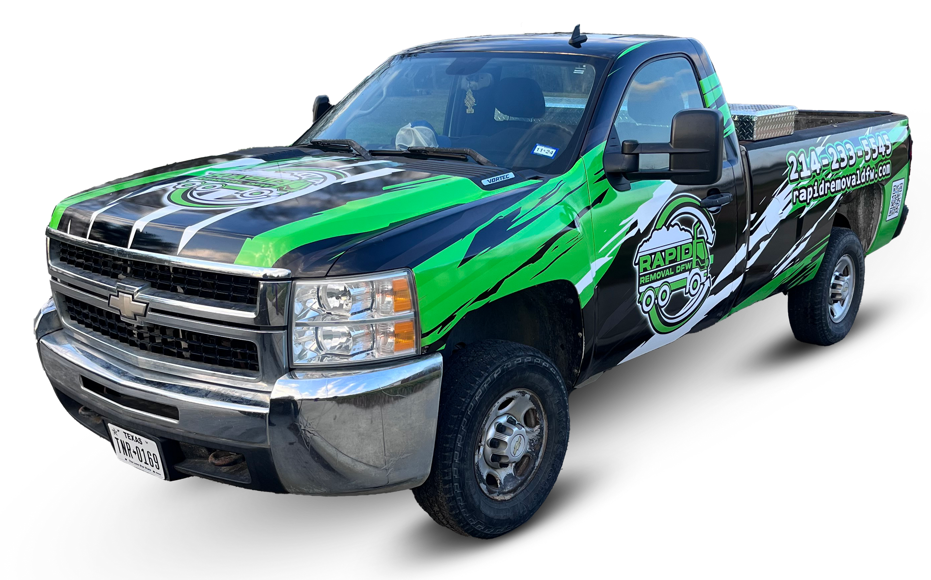 a black and green truck with a wrap on it is on a white background .