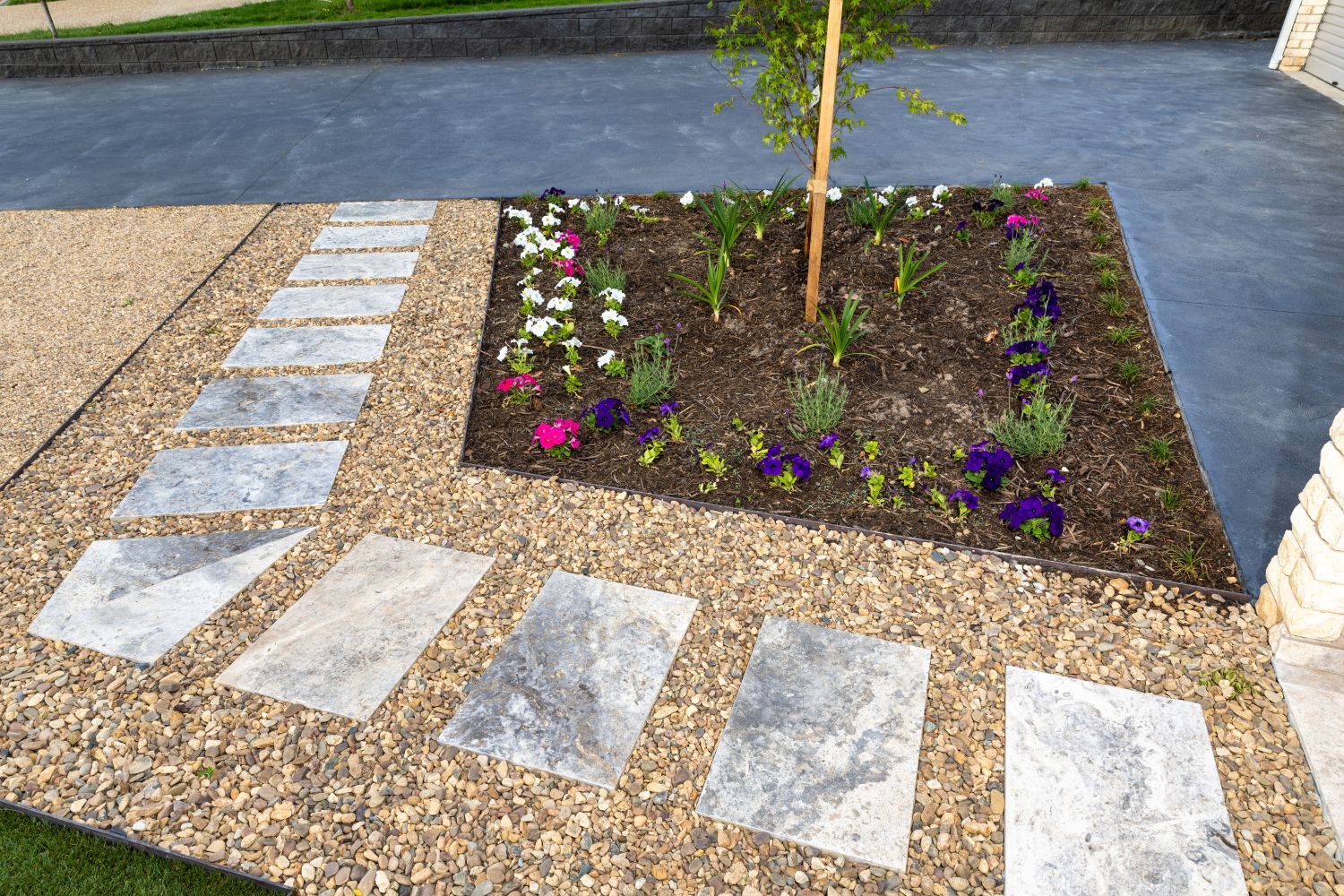 A garden bed with a central tree, bordered by stone pavers set into gravel, with purple and white flowers in the mulch.