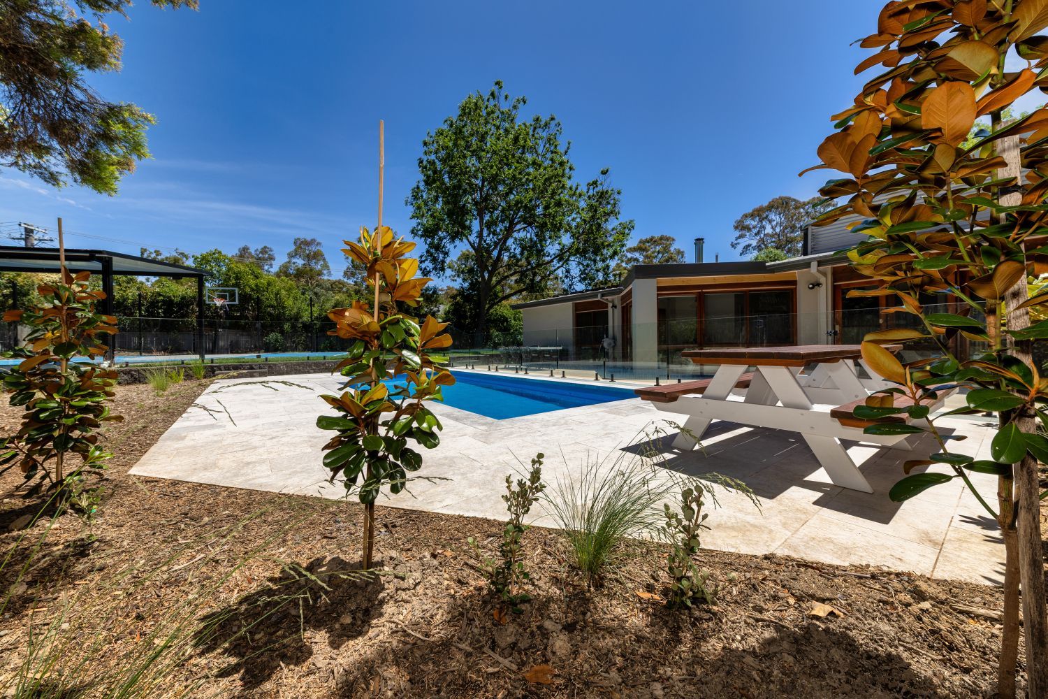 A sunny outdoor patio with a swimming pool, glass fencing, and a white picnic table surrounded by trees and shrubs.