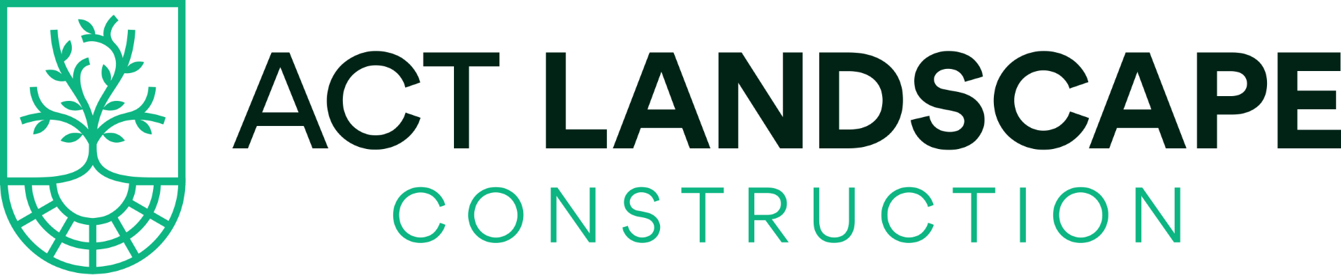 Logo for ACT Landscape Construction featuring a green tree and root icon inside a shield, next to the company name.
