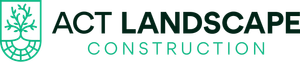 Logo for ACT Landscape Construction featuring a green tree and root icon inside a shield, next to the company name.