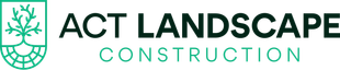 Logo for ACT Landscape Construction featuring a green tree and root icon inside a shield, next to the company name.