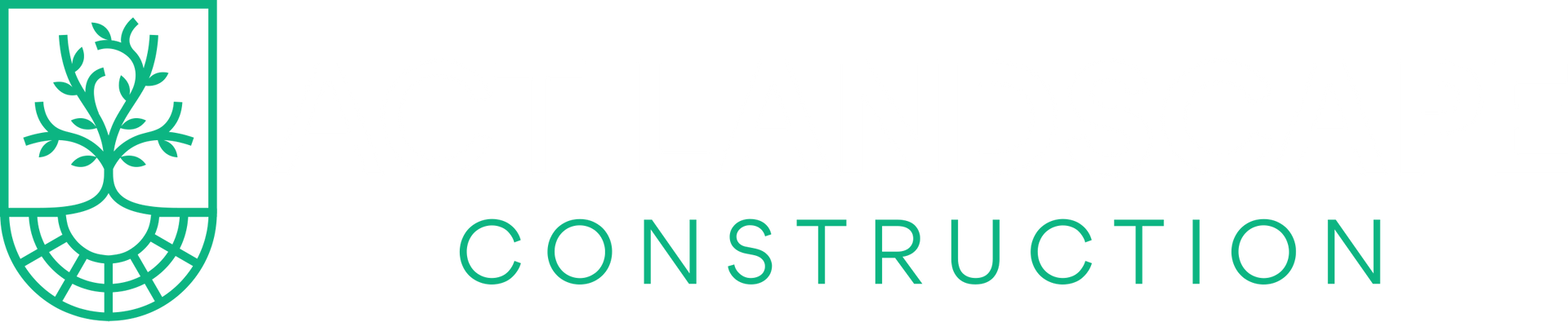 Teal logo featuring a stylized tree inside a shield shape above the text 
