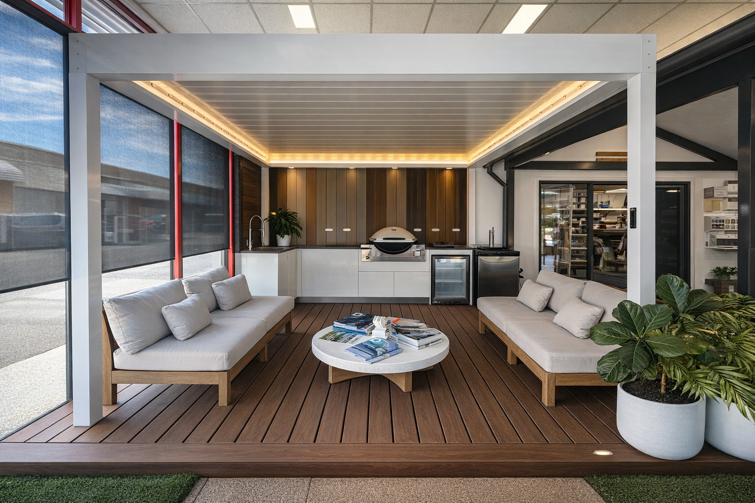 A modern, covered outdoor lounge with two sofas, a coffee table, and a small kitchenette on a wooden deck.