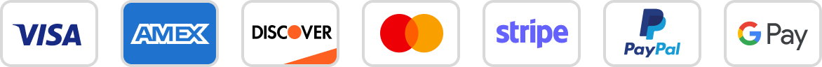 Logo strip showing Visa, Amex, Discover, Mastercard, Stripe, PayPal, and Google Pay icons.