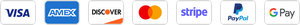 Logo strip showing Visa, Amex, Discover, Mastercard, Stripe, PayPal, and Google Pay icons.