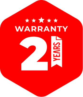 Red hexagon warranty badge with stars and “2 years” in white text.