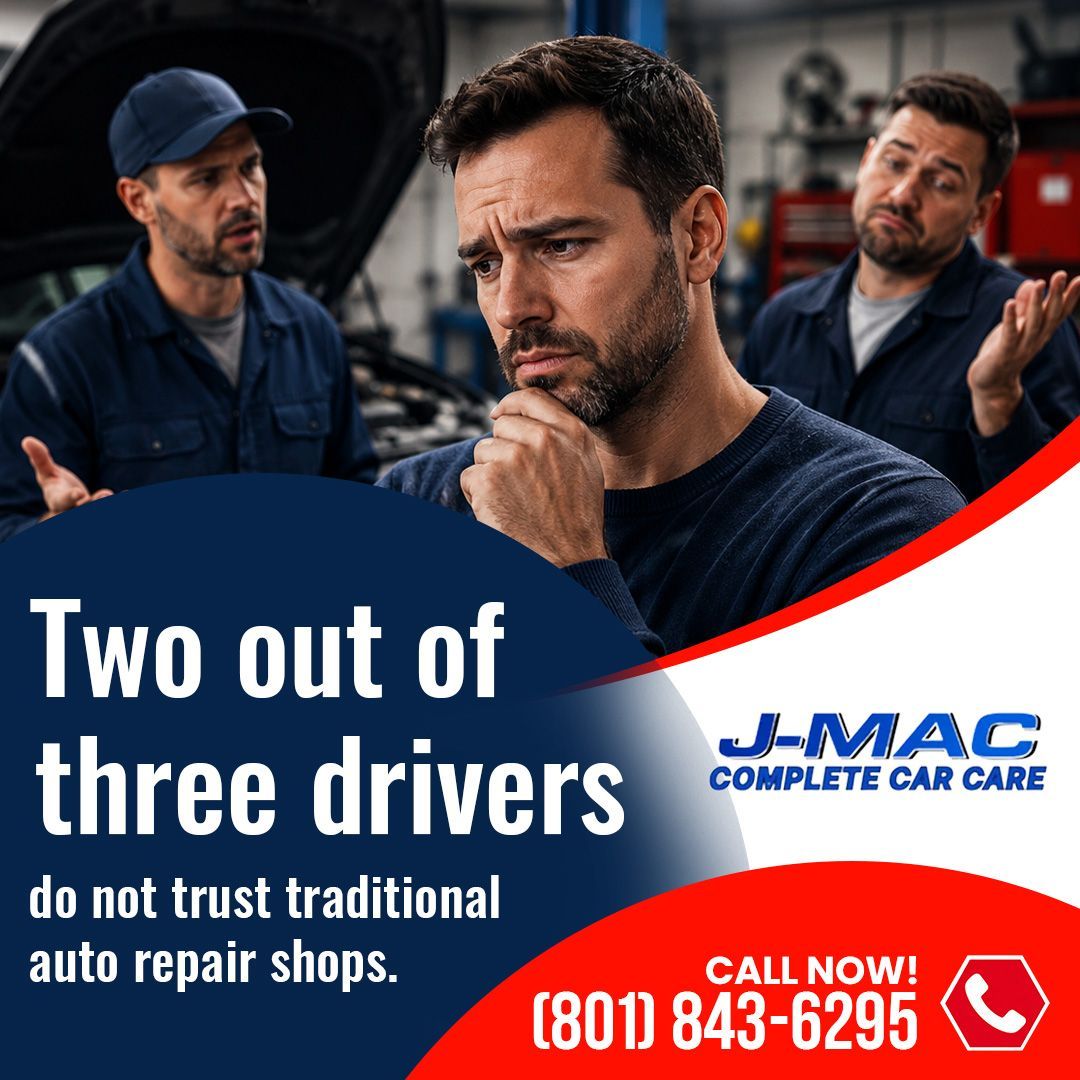 A pensive customer standing in a repair shop with two mechanics gesturing behind him next to text about driver trust in auto repair shops.