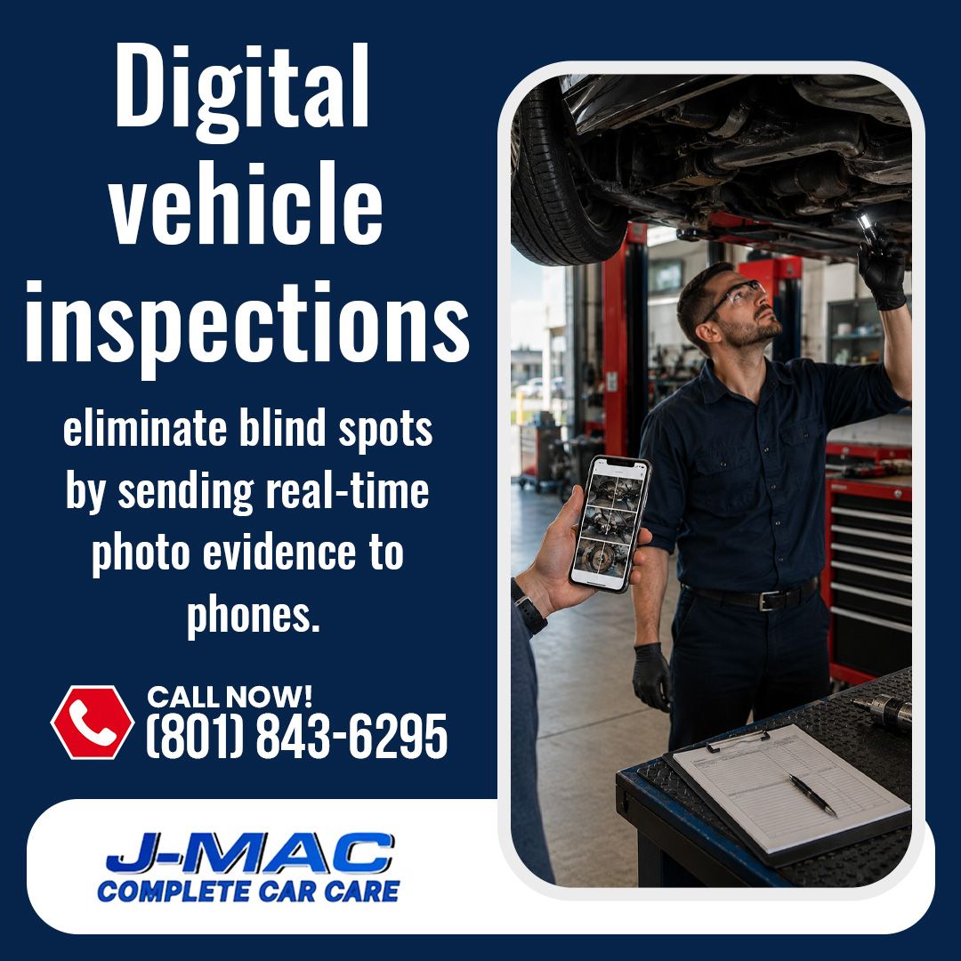 A pensive customer standing in a repair shop with two mechanics gesturing behind him next to text about driver trust in auto repair shops.