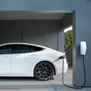 Horizon Electric USA - A white car is plugged into a charging station in a garage.