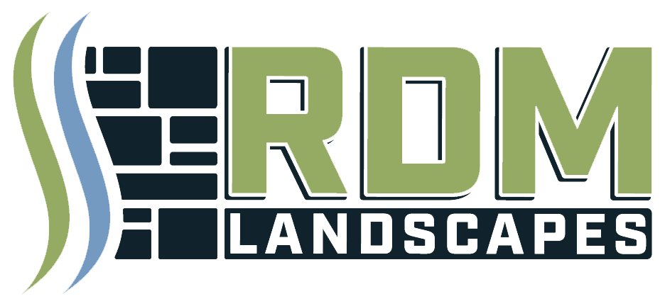 The logo for rdm landscapes is green and black.