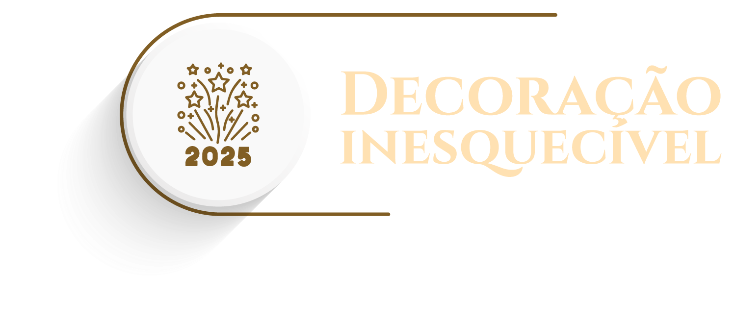Logo dourado “Decoração Inesquecível” com símbolo de calendário 2025 em fundo branco.
