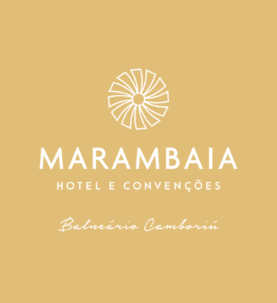 Marambaia Hotel e Convenções logo on beige background with white floral emblem and cursive tagline.