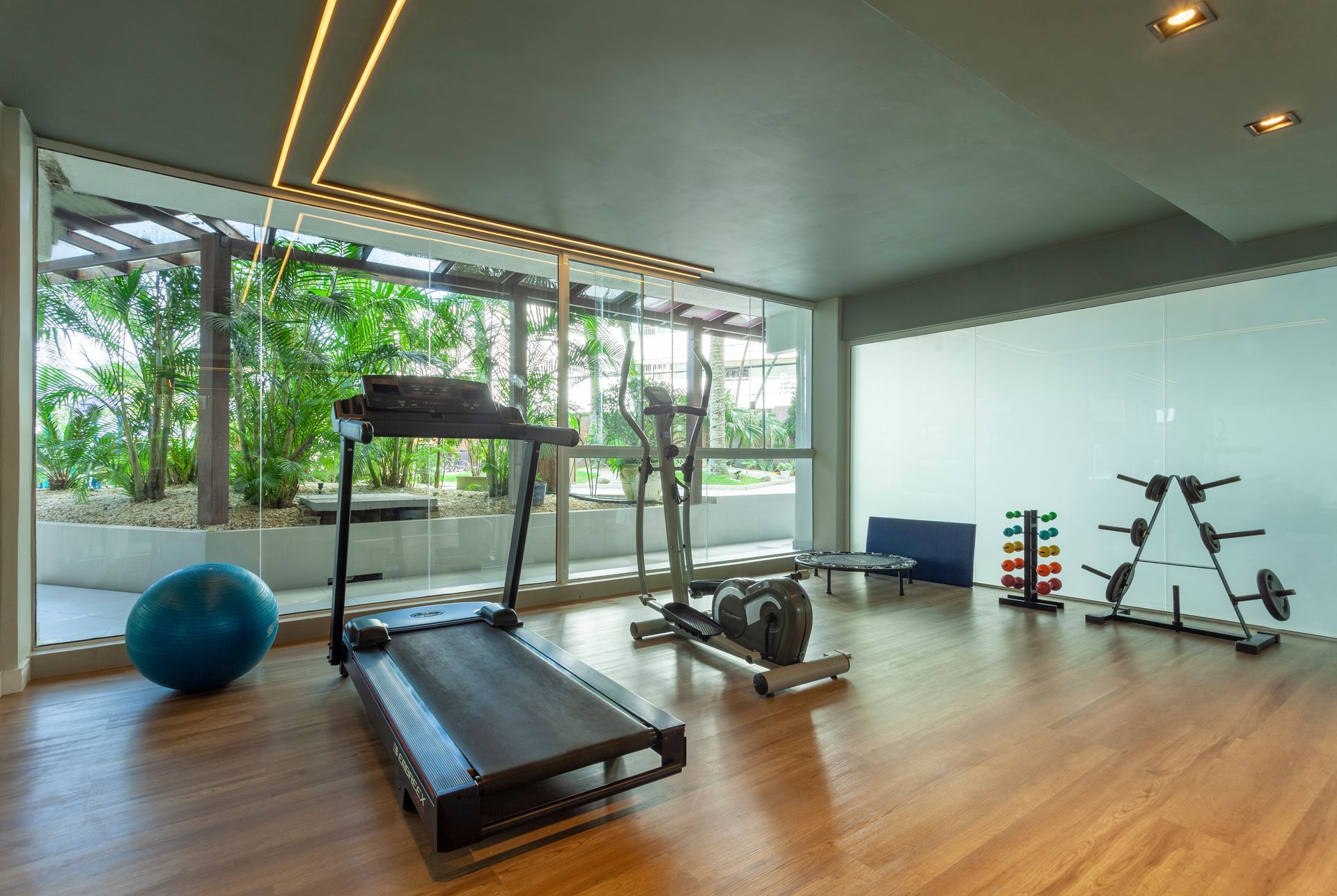 Academia moderna com esteira, bola de exercícios, pesos, bicicleta ergométrica e grandes janelas com vista para a área verde.