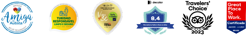 Fileira de logotipos de prêmios e certificações, incluindo os selos Travelers' Choice e Great Place to Work.