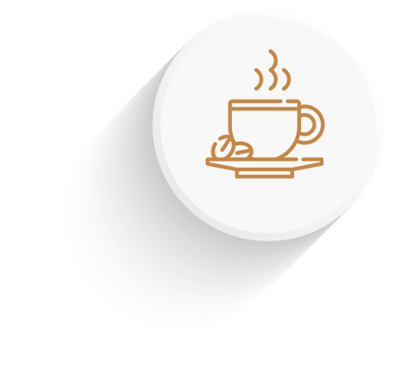 Ícone de xícara de café com vapor sobre um botão circular branco e sombra suave.