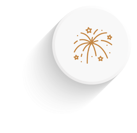 Ícone de fogos de artifício dourados em um botão circular branco com uma suave sombra cinza.