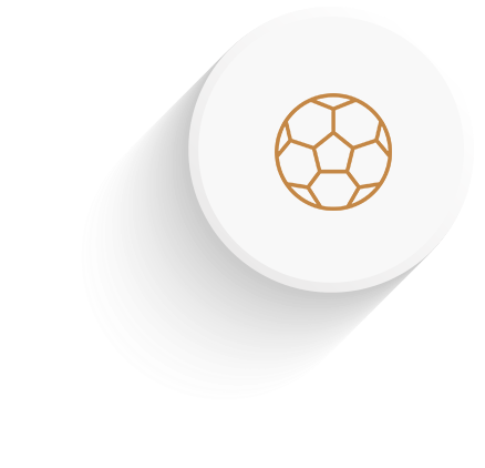 Botão circular branco com ícone de bola de futebol dourada e sombra cinza suave.