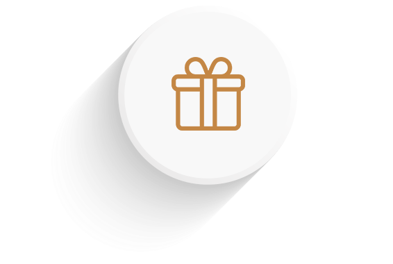 Botão circular branco com ícone de presente dourado e sombra suave.