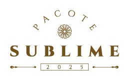 Pacote Sublime com logotipo em dourado e bege, emblema decorativo e o ano “2025” sobre fundo branco.