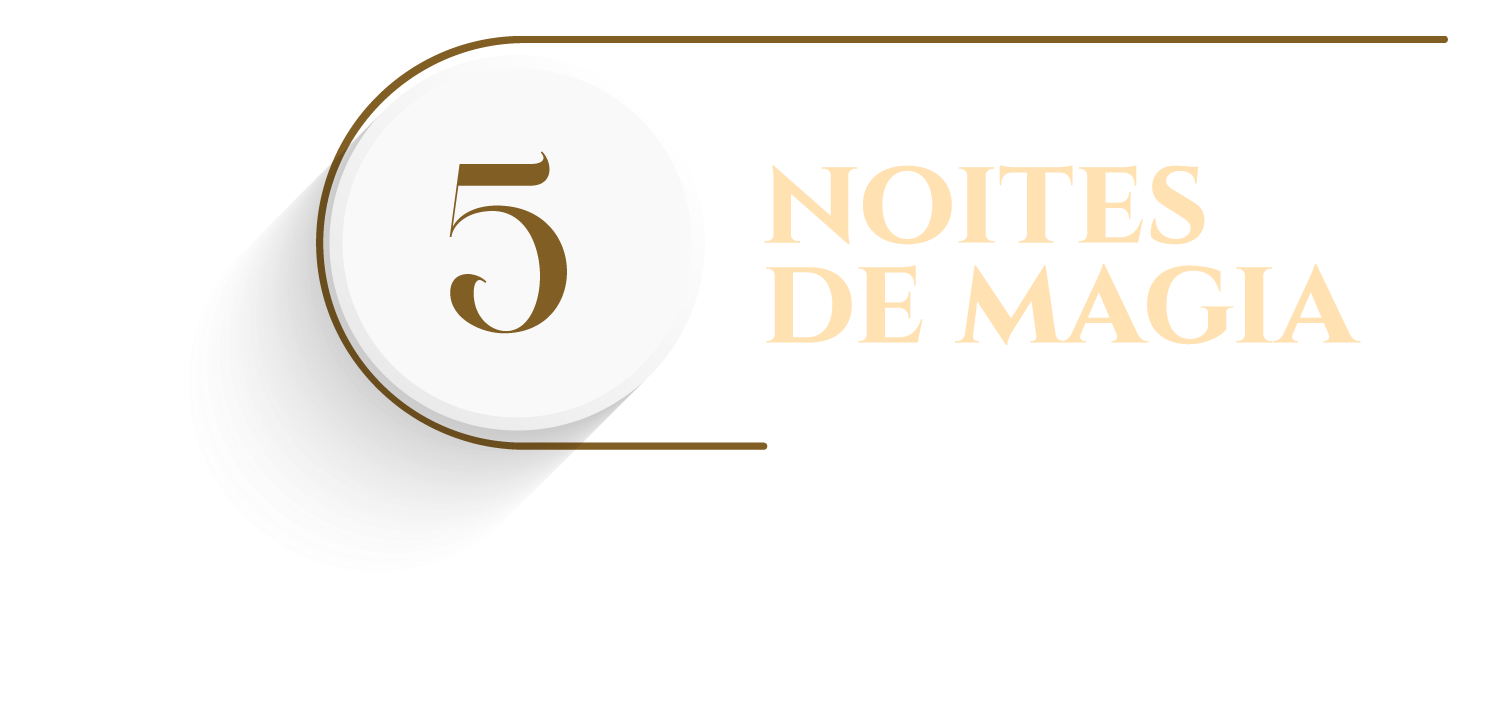 Título dourado “5 Noites de Magia” com emblema circular e fina linha horizontal sobre fundo branco.