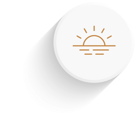 Ícone do nascer do sol em laranja sobre um botão circular branco com sombra.