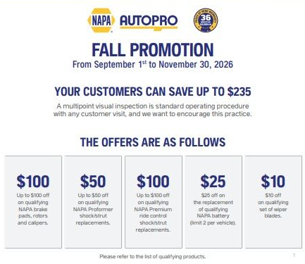 NAPA AutoPro Fall Promotion flyer with savings offers up to $235, Sept. 1-Nov. 30, 2026